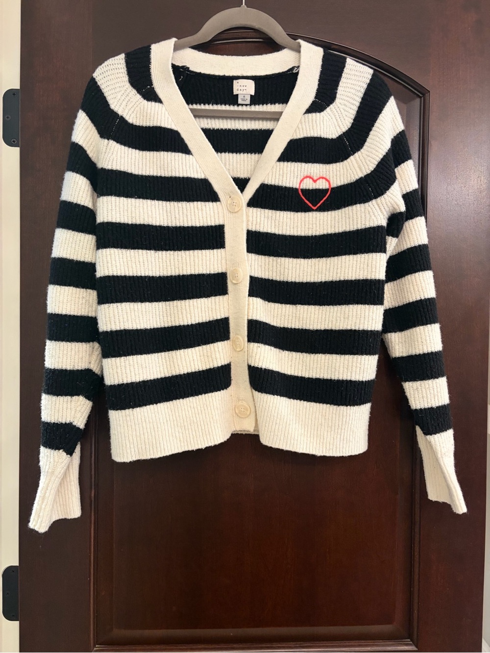 a new day Black & Cream Striped Button-Front Cardigan with Red Heart